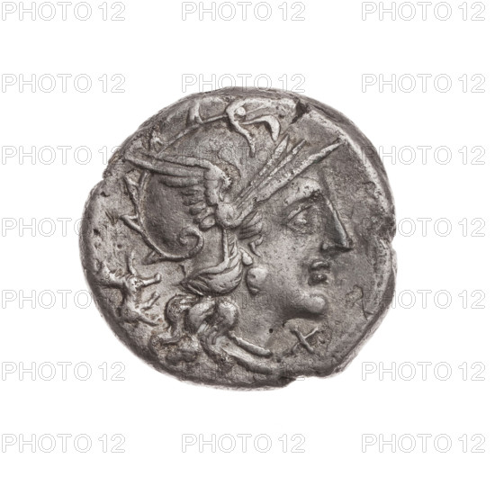 denarius, Antestius, C. (fl. 146 BC), publisher; Dioscuri on horses; Dioscuri (mythology); horses; Roma (mythology); head of Roma, helmets, dogs. Obv. Head of Roma in helmet at right; behind her a dog; in front of her a sign of value X. Pearled border. Rev. Dioscuri galloping on horses at right; below the inscription C.ANTEST, (ANTE in ligature); below the line the inscription ROMA. Continuous border. 146 BC, Roman Republic (505–27 BC), Rome; coin; diameter 18.0 mm; weight 3.98 g; axis 45 degrees.