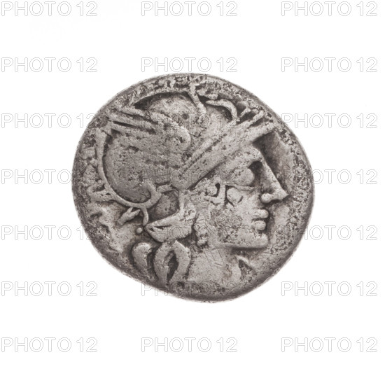 Denarius. Obverse: Helmeted head of Roma facing right; behind it the inscription 'C. ANTE' (ligature); before it the sign of value 'X'. Reverse: Dioscuri galloping right on horses; below them a dog; under the line the inscription 'ROMA'. 146 BC, Roman Republic (505–27 BC). Rome. Silver coin. Diameter 17.3 mm; weight 3.28 g; axis 180°.