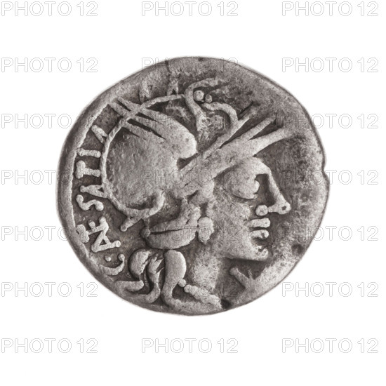 Denarius; C. Antestius (fl. 146 BC), publisher. Obv: Helmeted head of Roma right; behind, inscription C. ANTESTI (ANTE in ligature); before, sign of value X. Rev: Dioscuri galloping right on horses; below, a dog; under the line, inscription ROMA. 146 BC. Roman Republic. Rome. Silver coin. Diameter 19.4 mm; weight 3.76 g; axis 135°.
