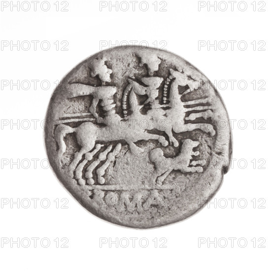 Denarius, C. Antestius (fl. 146 BC), publisher. Obverse: Helmeted head of Roma right; behind, inscription C. ANTESTI (ANTE in ligature); before, sign of value X. Reverse: Dioscuri galloping right on horses; below, a dog; under the line, inscription ROMA. 146 BC. Roman Republic. Rome. Coin. Diameter 19.4 mm; weight 3.76 g; axis 135°.