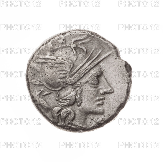 denarius, Iunius, M. (fl. 145 BC), publisher; Obv. Head of Roma in helmet facing right; behind her a donkey's head; in front of her sign of value X. Rev. Dioscuri galloping on horses to right; below the inscription M.IVNI; under the line the inscription .; 145 BC, Roman Republic (505–27 BC), Rome; coin; diameter 18.0 mm; weight 3.79 g; axis 270°.
