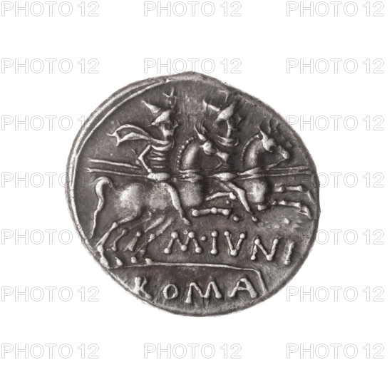 Denarius, M. Iunius (publisher), 145 BC. Obverse: Helmeted head of Roma right; behind it a donkey's head; numeral X (value) in front. Reverse: Dioscuri galloping right on horses; below inscription M·IVNI; beneath the line the inscription ROMA. Bronze? coin — Roman Republic (505–27 BC), Rome. Dia. 18.5 mm; weight 3.67 g; axis 135°.