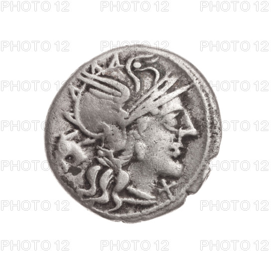 denarius, Iunius, M. (fl. 145 BC), publisher; Obv.: Head of Roma in helmet at right; behind her a donkey's head; in front of her sign of value X. Pearly border. Rev.: Dioscuri galloping on horses at right; below the inscription M.IVNI; below the inscription ROMA. Continuous border. Subject: Dioscuri (mythology), horses, donkeys, head of Roma, helmets. Date: 145 BC. Period: Roman Republic (505–27 BC). Place: Rome. Medium: coin. Diameter 18.1 mm; weight 3.37 g; axis 315°.