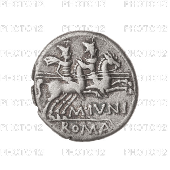 Denarius, M. Iunius (publisher), 145 BC. Obverse: Head of Roma in helmet at right; behind her a donkey's head; in front of her sign of value X. Pearly border. Reverse: Dioscuri galloping on horses at right; below the inscription M·IVNI; below the inscription ROMA. Continuous border. Silver coin (Roman Republic), diameter 18.1 mm, weight 3.37 g, axis 315°.