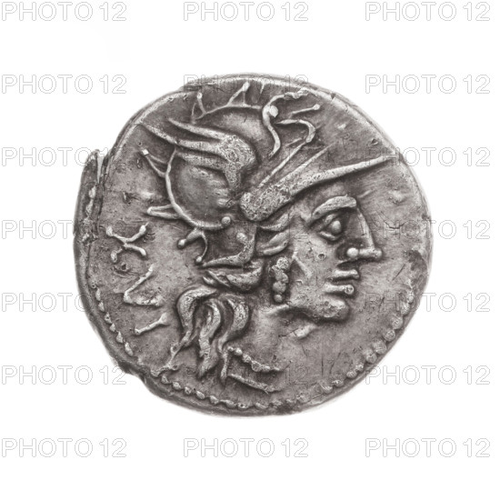 denarius, Iulius, L. (fl. 141 BC), publisher; Obv. Head of Roma in helmet facing right; behind her the mark of value XVI. Pearl border. Rev. Dioscuri galloping to right; below the inscription L.IVLI (VL in ligature); under the line the inscription ROMA. Continuous border. Dioscuri (mythology), horses, helmets. 141 BC, Roman Republic (505–27 BC), Rome. Coin; diameter 19.7 mm; weight 3.67 g; axis 45 degrees.