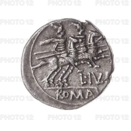 denarius, Iulius, L. (fl. 141 BC), publisher; Obv. Head of Roma in helmet right; behind her the mark of value XVI. Pearl border. Rev. Dioscuri galloping on horses right; below the inscription L.IVLI (VL in ligature); under the line the inscription ROMA. Continuous border. 141 BC, Roman Republic (505–27 BC), Rome; coin; diameter 19.7 mm; weight 3.67 g; axis 45 degrees.
