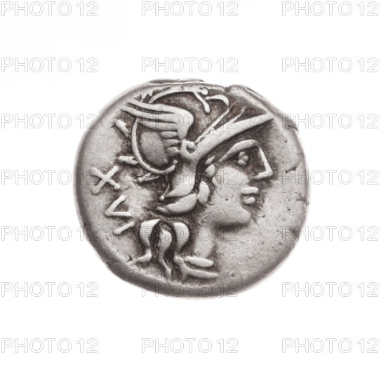 denarius, Titinius, C. (fl. 141 BC), publisher; Wiktoria on a biga; origin Wiktoria (personification); Roma (mythology); horses; bigas; head of Roma, helmets. Obv. Head of Roma in helmet right; behind her the mark of value XVI. Rev. Wiktoria on a biga right, holding reins in left hand, whip in right; below the inscription C. TITINI; under the line the inscription .; 141 BC, Roman Republic (505–27 BC), Rome; coin; diameter 17.0 mm; weight 3.84 g; axis 135 degrees