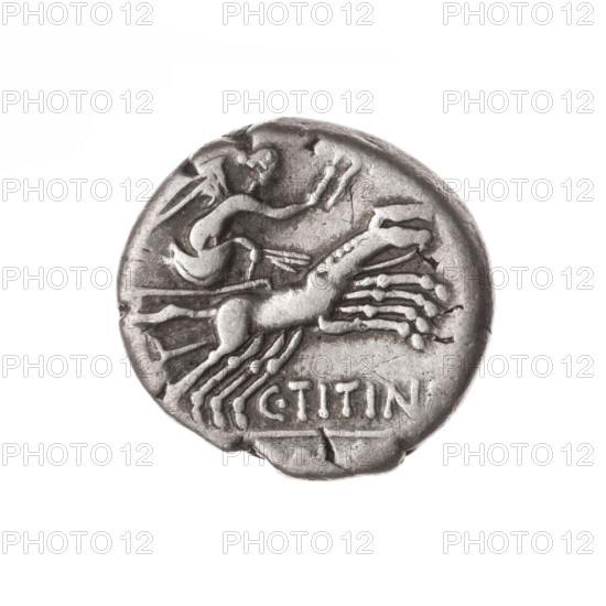 denarius, Titinius, C. (fl. 141 BC), publisher, Wiktoria on a biga, origin, Wiktoria (personification), Roma (mythology), horses, bigas, head of Roma, helmets, Obv. Head of Roma in helmet in right; behind her is the mark of value XVI. Rev. Wiktoria on a biga in right, holding reins in left hand, whip in right; below the inscription C.TITINI; under the line the inscription, ., 141 BC, Roman Republic (505-27 BC), Rome, coin, diameter 17.0 mm, weight 3.84 g, axis 135 degrees