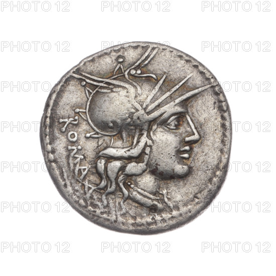 Denarius, publisher M. Tullius (fl. 120 BC). Obverse: head of Roma in a helmet facing right; behind her the inscription ROMA; pearly border. Reverse: Victoria on a quadriga facing right, holding reins and a palm branch in both hands; above a wreath; below the value sign X; under the line the inscription M·TVLLI; pearl border. Subject: Roma, horses, quadrigae, Victoria (personification) with palm branches, wreaths, helmets. Date: 120 BC, Roman Republic. Place: Rome. Coin; diameter 20.5 mm; weight 3.75 g; axis 225°.