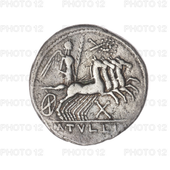 denarius, Tullius, M. (fl. 120 BC), publisher, Roma (mythology), horses, quadrigae, message, wreaths, helmets, Victoria (personification), palm branches (attribute), Victoria on a quadriga. Obv. Head of Roma in a helmet to right; behind her the inscription ROMA. Pearly border. Rev. Victoria on a quadriga to right, holding reins and a palm branch in both hands; above a wreath; below the value sign X; under the line the inscription M.TVLLI. 120 BC, Roman Republic (505–27 BC), Rome, coin, diameter 20.5 mm, weight 3.75 g, axis 225°