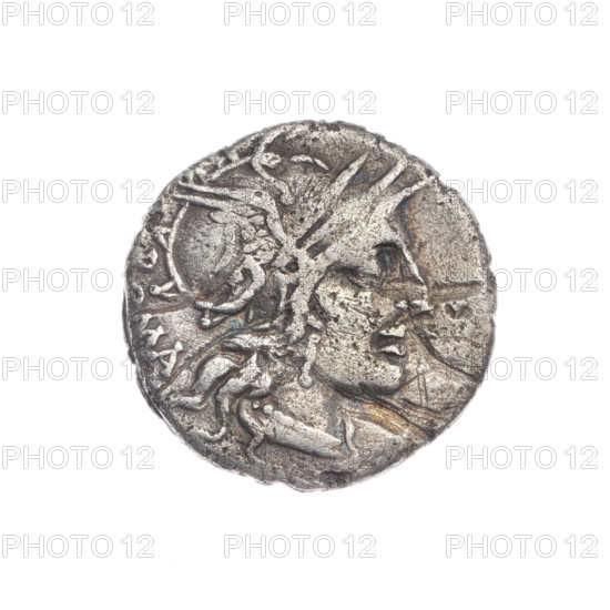 Denarius, M. Tullius (publisher), c. 120 BC. Obverse: Head of Roma in a helmet at right; behind her the inscription 'OMA.' Beaded border. Reverse: Victoria on a quadriga at right, holding reins and a palm branch in both hands; above a wreath; below the value sign X; below the line the inscription 'M·TVLL'; pearl border. Attributes: horses, helmets, wreaths, palm branches. Diameter 18.0 mm; weight 3.49 g; axis 135°. Roman Republic (c. 505–27 BC), Rome.