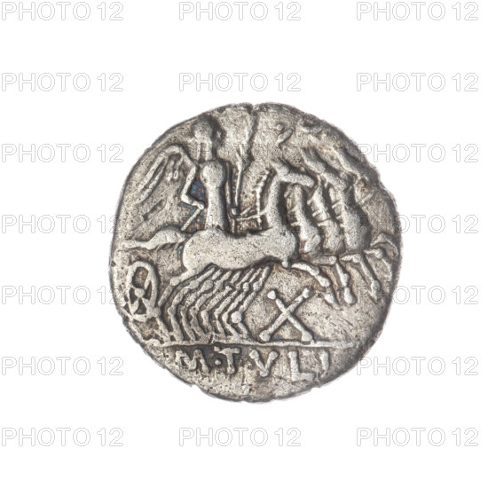 Denarius, M. Tullius (fl. 120 BC), publisher. Obv: Head of Roma in a helmet at right; behind her the inscription OMA. Beaded border. Rev: Victoria on a quadriga at right, holding reins and a palm branch in both hands; above a wreath; below the value sign X; below the line the inscription M.TVLL. Pearl border. Attributes: horses, helmets, quadrigae, wreaths, palm branches. Date: 120 BC, Roman Republic. Place: Rome. Medium: coin. Diameter: 18.0 mm. Weight: 3.49 g. Axis: 135°.