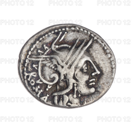Denarius; issuer: M. Tullius (publisher), fl. 120 BC. Obverse: head of Roma in helmet at right; behind her the inscription ROMA. Beaded border. Reverse: Victoria on a quadriga at right, holding reins and a palm branch in both hands; above a wreath; below the value sign X; below the inscription M. TVLLI. Pearl border. Date: 120 BC (Roman Republic). Material: silver coin. Diameter 21.7 mm; weight 3.83 g; axis 90°.