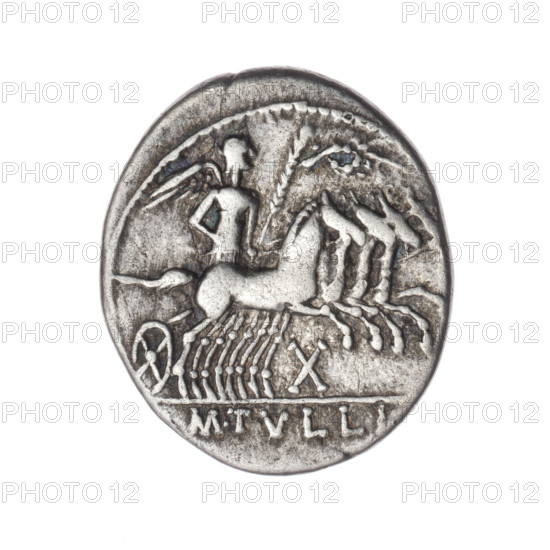 Denarius; issuer: M. Tullius (fl. 120 BC); obverse: head of Roma in helmet at right, inscription ROMA behind, beaded border; reverse: Victoria on a quadriga at right holding reins and a palm branch in both hands, above a wreath, below the value sign X and the inscription M·TVLLI, pearl border; attributes: horses, quadrigae, helmets, wreaths, palm branches; date: 120 BC (Roman Republic); material: silver coin; diameter 21.7 mm; weight 3.83 g; axis 90 degrees.