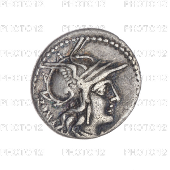 Denarius; M. Tullius (publisher, fl. 120 BC). Obverse: head of Roma in a helmet facing right; behind her the inscription ROMA. Beaded border. Reverse: Victoria on a quadriga facing right, holding reins and a palm branch in both hands; above a wreath; below the value sign X; below the inscription M·TVLLI. Pearl border. Attributes: horses, quadrigae, wreaths, helmets, palm branches. Date: 120 BC (Roman Republic, 505–27 BC). Medium: coin. Diameter: 19.3 mm. Weight: 3.33 g. Axis: 180°.