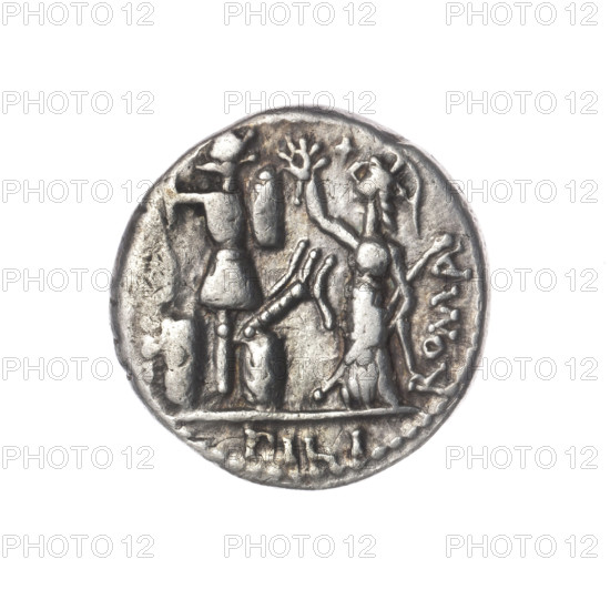 denarius, Furius Philus, M. (fl. 119 BC), publisher; Obv. Head of Janus in a laurel wreath; around the inscription MF .LF. Beaded border. Rev. Roma, in a Corinthian helmet with a sceptre in his left hand, right hand crowning a trophy; above it a star; behind it the inscription ROMA; on both sides of the trophy a carnyx and a shield; below the line the inscription PHILI (PHI in ligature). Pearl border. 119 BC, Roman Republic (505–27 BC), Rome; coin; diameter 18.4 mm; weight 3.85 g; axis 0°.