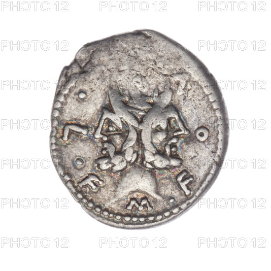 Denarius, M. Furius Philus (fl. 119 BC), obverse: head of Janus in a laurel wreath; legend M.FO. LF.; beaded border. Reverse: Roma wearing a Corinthian helmet, holding a scepter in left hand and crowning a trophy with right hand; above a star; on both sides of the trophy a carnyx and a shield; below the line inscription PHILI (PHI in ligature); pearl border. 119 BC, Roman Republic; Rome. Silver coin; diameter 19.6 mm; weight 3.88 g; axis 225°.