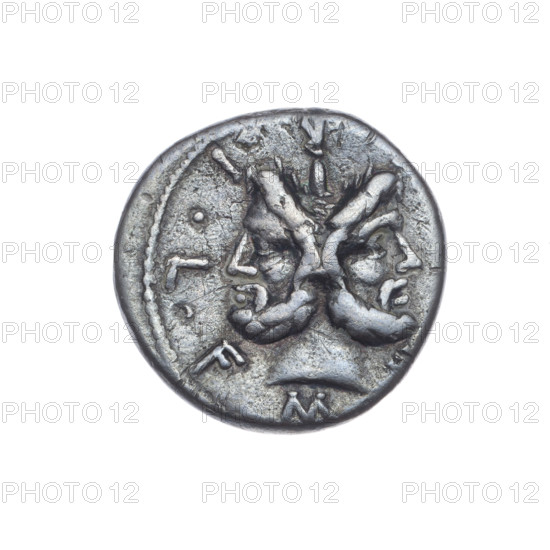 Denarius; M. Furius Philus (fl. 119 BC), issuer. Obverse: head of Janus in a laurel wreath; inscription M. RI.LF. Beaded border. Reverse: Roma wearing a Corinthian helmet, holding a sceptre in her left hand and crowning a trophy with her right; above a star; behind the trophy the inscription ROMA; on both sides of the trophy a carnyx and a shield; below the line the inscription PHILI (PHI in ligature). Pearl border. 119 BC. Roman Republic (505–27 BC). Rome. Coin. Diameter 17.8 mm; weight 3.23 g; axis 135°.