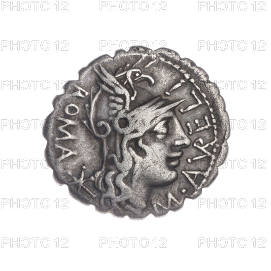 denarius serratus, Aurelius Scaurus, M. (fl. 118 BC), publisher, Licinius Crassus, L. (fl. 118 BC), publisher, Domitius Ahenobarbus, Cn. (fl. 118-96 BC), publisher, Roma (mythology), warrior on a biga, shields, helmets, carnyx, spears — bigas, Attic helmets, warriors, head of Roma. Obv. Head of Roma in an Attic helmet to right; in front inscription M.AVRELI (VR in ligature); behind inscription ROMA and value sign X (crossed out). Beaded border. Rev. Naked warrior on a biga to right, holding reins and shield and carnyx in left hand, a spear in right; below inscription SCAVRI (AVR in ligature); below line the inscription L.LIC.CN.DOM. Pearl border. 118 BC, Roman Republic (505–27 BC). Narbonne; coin; diameter 20.3 mm; weight 3.78 g; axis 0°.