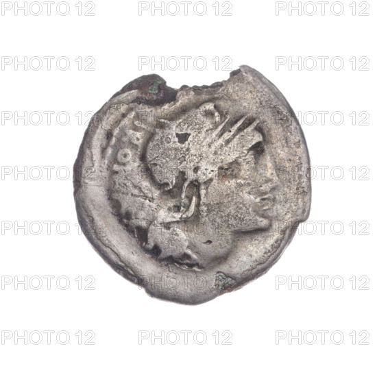 Denarius subaeratus, Aurelius Scaurus, M. (fl. 118 BC), publisher; Licinius Crassus, L. (fl. 118 BC), publisher; Domitius Ahenobarbus, Cn. (fl. 118–96 BC), publisher. Obv.: Head of Roma in an Attic helmet facing right; in front an inscription; behind ROMA and the value sign X (crossed out). Beaded border. Rev.: Naked warrior on a biga facing right, holding reins and a carnyx in his left hand, and a spear in his right; below the inscription SCAVRI (AVR in ligature); below the line the inscription LIC.CN.DO. Pearl border. Depicts helmets, shields, spears, bigae, carnyx. Plated coin; 118 BC, Roman Republic (505–27 BC). Coin, diameter 18.5 mm, weight 2.59 g, axis 180°.
