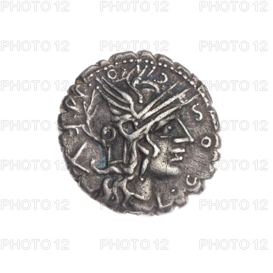 Denarius serratus, 118 BC. Obverse: Head of Roma wearing an Attic helmet facing right; inscription L.COSCO.MF (S lying) to right, sign of value X behind; beaded border. Reverse: Naked warrior driving a biga right, holding reins and a carnyx and shield in left hand and a spear in right; inscription L.LIC.CN.DOM under the line; pearl border. Issuers/publishers: Cosconius, L. (fl. 118 BC); Licinius Crassus, L. (fl. 118 BC); Domitius Ahenobarbus, Cn. (fl. 118–96 BC). Roman Republic (505–27 BC). Coin: serrate denarius, diameter 17.8 mm, weight 3.86 g, axis 270°.