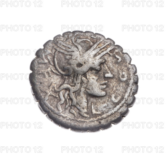 denarius serratus, Cosconius, L. (fl. 118 BC), publisher, Licinius Crassus, L. (fl. 118 BC), publisher, Domitius Ahenobarbus, Cn. (fl. 118-96 BC), publisher, Roma (mythology), helmets, warrior on a biga, shields, spears, carnyx, bigas, warriors, Attic helmets, head of Roma. Obv. Head of Roma in an Attic helmet to right; around the inscription L.COS, .MF (S lying); behind her the mark of value X. Beaded border. Rev. Naked warrior on a biga to right, holding reins, shield and carnyx in left hand, a spear in right; under the line the inscription L.LIC.CN.DOM. Pearl border. 118 BC, Roman Republic (505–27 BC), Narbonne, coin, diameter 19.2 mm, weight 3.80 g, axis 270°