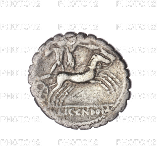 denarius serratus, Cosconius, L. (fl. 118 BC), publisher, Licinius Crassus, L. (fl. 118 BC), publisher, Domitius Ahenobarbus, Cn. (fl. 118-96 BC), publisher, Roma (mythology), helmets, warrior on a biga, shields, spears, carnyx, bigas, warriors, Attic helmets, head of Roma. Obv. Head of Roma in an Attic helmet to the right; around the inscription L.COS, .MF (S lying); behind her the mark of value X. Beaded border. Rev. Naked warrior on a biga to the right, holding reins, shield and carnyx in the left hand, a spear in the right; under the line the inscription L.LIC.CN.DOM. Pearl border. 118 BC, Roman Republic (505–27 BC), Narbonne, coin, diameter 19.2 mm, weight 3.80 g, axis 270 degrees
