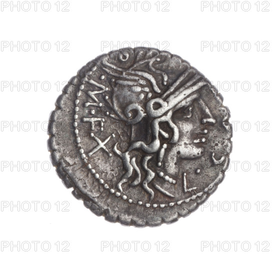 Denarius serratus. Obverse: Head of Roma in an Attic helmet facing right; around inscription L C O M F (S lying); behind it the sign of value X. Beaded border. Reverse: Naked warrior driving a biga to the right, holding reins and a spear in his right hand and a shield and carnyx in his left; under the line the inscription L.LIC.CN.DO. Pearl border. Issued by publishers L. Cosconius, L. Licinius Crassus, and Cn. Domitius Ahenobarbus. 118 BC. Roman Republic. Coin (denarius), diameter 19.8 mm, weight 3.82 g, axis 135°.