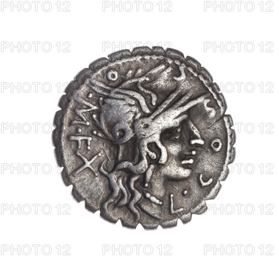 Denarius serratus; publishers: L. Cosconius (fl. 118 BC), L. Licinius Crassus (fl. 118 BC), Cn. Domitius Ahenobarbus (fl. 118–96 BC). Obverse: Head of Roma in an Attic helmet right; inscription L.COSCO.MF (S lying); behind, value mark X. Beaded border. Reverse: Naked warrior on biga right, holding reins and shield, carnyx in left hand and spear in right; under the line inscription L.LIC.CN.DOM. Spear, carnyx, Attic helmets, shields. 118 BC, Roman Republic; Narbonne. Coin; diameter 19.4 mm, weight 3.76 g, axis 180°.