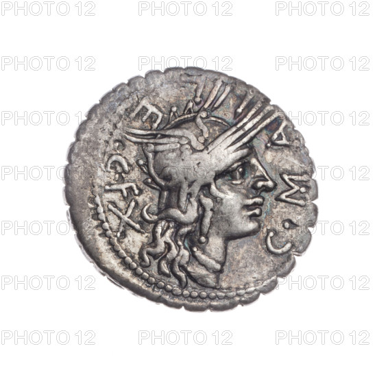 Denarius serratus, C. Publicius Malleolus (publisher), L. Licinius Crassus (publisher), Cn. Domitius Ahenobarbus (publisher); 118 BC. Obverse: Head of Roma in an Attic helmet facing right; inscription C. MALLE C F; mark of value X behind; beaded border. Reverse: Naked warrior on a biga facing right, holding reins and a carnyx and shield in left hand and a spear in right; inscription L. LIC. C N. DOM. under the line; pearl border. Roman Republic; silver coin; diameter 20.0 mm; weight 3.86 g; axis 135°.