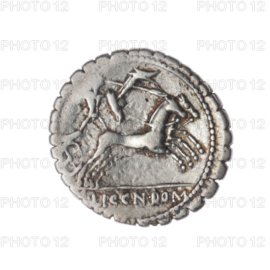 Denarius serratus; C. Publicius Malleolus (publisher, fl. 118 BC), L. Licinius Crassus (publisher, fl. 118 BC), Cn. Domitius Ahenobarbus (publisher, fl. 118–96 BC). Obverse: Head of Roma in an Attic helmet facing right; around inscription C. MALLE C F; behind it the mark of value X. Beaded border. Reverse: Naked warrior on a biga facing right, holding reins, shield and carnyx in left hand and a spear in right; under the line the inscription L. LIC. CN. DOM. Pearl border. Struck 118 BC, Roman Republic (505–27 BC). Coin; diameter 20.0 mm, weight 3.86 g, axis 135°.