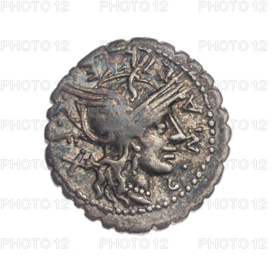 Denarius serratus; Publicius Malleolus, C. (fl. 118 BC), publisher; Licinius Crassus, L. (fl. 118 BC), publisher; Domitius Ahenobarbus, Cn. (fl. 189–180 BC), publisher. Obv.: Head of Roma in an Attic helmet right; around inscription C.MALLE CF; behind her the mark of value X. Pearl border. Rev.: Naked warrior on a biga right, holding reins and shield and carnyx in left hand, spear in right; under the line inscription L.LIC.CN.DOM. Pearl border. 118 BC; Roman Republic (505–27 BC). Coin (denarius), Narbonne; diameter 20.3 mm; weight 3.83 g; axis 0°.