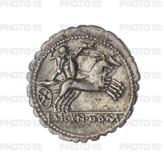 denarius serratus; Publicius Malleolus, C. (fl. 118 BC), publisher; Licinius Crassus, L. (fl. 118 BC), publisher; Domitius Ahenobarbus, Cn. (fl. 189–180 BC), publisher. Subject: Roma (mythology), helmets, warrior on a biga, shields, carnyx, spears, bigas, warriors, Attic helmets, head of Roma. WQXBCFS
I:\nmw crop ready cleaned\ WQXBCFS
I:\nmw crop ready cleaned\Obv. Head of Roma in an Attic helmet to right; around inscription C. MALLE C F; behind her the mark of value X. Pearl border. WQXBCFS
I:\nmw crop ready cleaned\Rev. Naked warrior on a biga to right, holding reins and shield and carnyx in left hand, a spear in right; under the line the inscription L. LIC. C N. DOM. Pearl border. WQXBCFS
I:\nmw crop ready cleaned\ WQXBCFS
I:\nmw crop ready cleaned\Date: 118 BC. Culture: Roman Republic (505–27 BC). Findspot: Narbonne. Object type: coin (denarius serratus). Diameter 20.3 mm; weight 3.83 g; axis 0°.