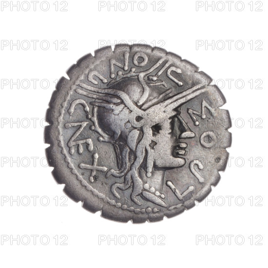 denarius serratus; issuers/publishers: L. Pomponius (fl. 118 BC), L. Licinius Crassus (fl. 118 BC), Cn. Domitius Ahenobarbus (fl. 118–96 BC). Iconography: Roma wearing an Attic helmet; helmets, shields, spears, carnyx, warrior on a biga. Obverse: Head of Roma in an Attic helmet facing right; inscription L.POMPONI.CNF (M and second P lying down, NF in ligature); behind her the sign of value X; pearl border. Reverse: Naked warrior on a biga facing right, holding reins and shield and a carnyx in the left hand, a spear in the right; under the line inscription L.LIC.CN.DOM; pearl border. 118 BC; Roman Republic (505–27 BC); Narbonne; coin; diameter 20.6 mm; weight 3.95 g; axis 180°