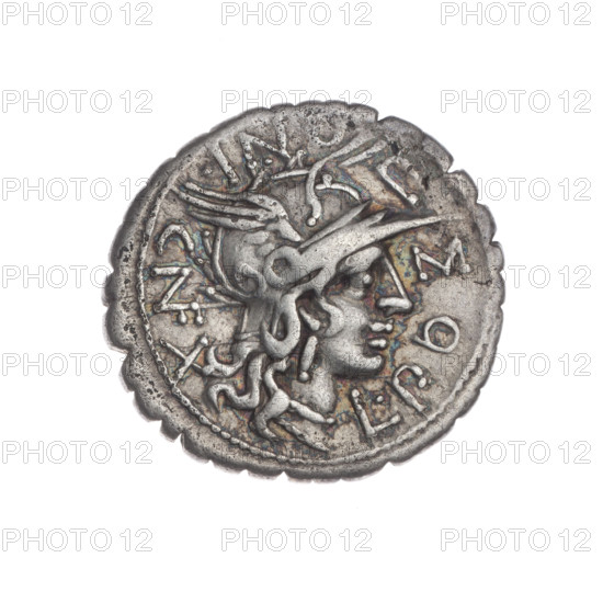 denarius serratus, Pomponius, L. (fl. 118 BC), publisher, Licinius Crassus, L. (fl. 118 BC), publisher, Domitius Ahenobarbus, Cn. (fl. 118-96 BC), publisher, Roma (mythology), helmets, shields, spears, carnyx — warrior on a biga, bigas, Attic helmets, warriors, head of Roma. Obv. Head of Roma in an Attic helmet to right; around the inscription L.POMPONI.CNF (M and second P lying down, NF in ligature); behind her the sign of value X. Pearl border. Rev. Naked warrior on a biga to right, holding reins, shield and carnyx in left hand, a spear in right; under the line the inscription L.LIC.CN.DOM. Pearl border. 118 BC, Roman Republic (505–27 BC), Narbonne, coin, diameter 19.5 mm, weight 3.80 g, axis 45°