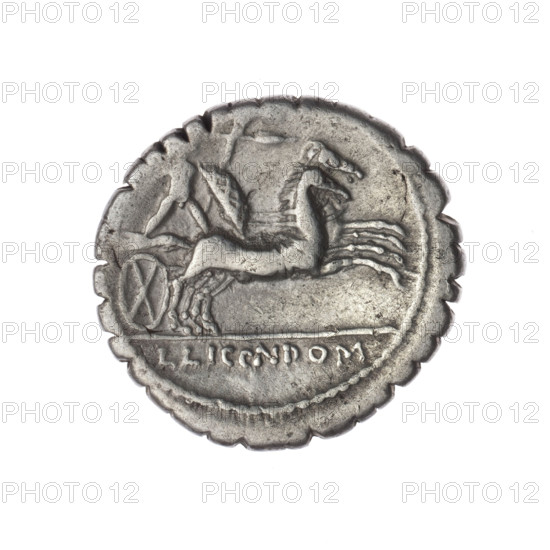 Denarius serratus, Pomponius, L. (fl. 118 BC), publisher; Licinius Crassus, L. (fl. 118 BC), publisher; Domitius Ahenobarbus, Cn. (fl. 118–96 BC), publisher. Obv.: Head of Roma in an Attic helmet right; around inscription L.POMPONI.CNF (M and second P lying down, NF in ligature); behind her the sign of value X. Pearl border. Rev.: Naked warrior on a biga right, holding reins, shield and carnyx in left hand, spear in right; under the line inscription L.LIC.CN.DOM. Pearl border. 118 BC, Roman Republic (505–27 BC). Narbonne. Coin; diameter 19.5 mm; weight 3.80 g; axis 45°.
