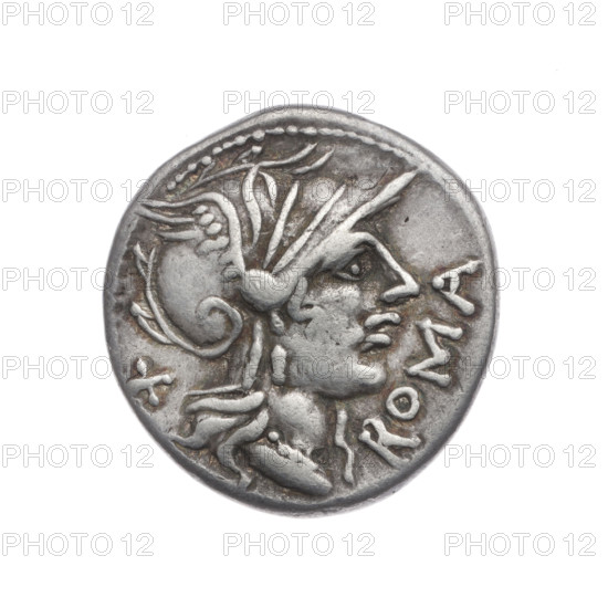 Denarius, Cn. Domitius Ahenobarbus (publisher, fl. 118–96 BC; politician, consul). Obverse: Helmeted head of Roma right; in front inscription ROMA; behind sign of value X; pearled border. Reverse: Jupiter on a quadriga right, holding a twig in his right hand and a lightning bolt in his left; under the line inscription CN.DOM; pearled border. 116–115 BC, Roman Republic. Coin; diameter 19.0 mm; weight 3.85 g; axis 270°.