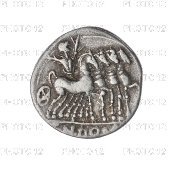 Denarius; issuer: Cn. Domitius Ahenobarbus (fl. 118–96 BC), publisher (politician, consul). Obverse: Helmeted head of Roma right; in front inscription ROMA; behind sign of value X; pearly border. Reverse: Jupiter in a quadriga right, holding a twig in the right hand and a lightning bolt in the left; under the line inscription CN.DOM; pearl border. Date: 116–115 BC. Culture: Roman Republic. Material: silver coin. Diameter: 19.0 mm. Weight: 3.85 g. Axis: 270°.