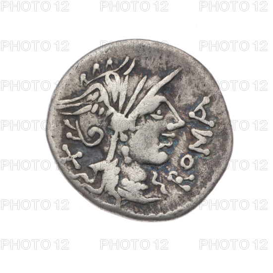 Denarius minted by Cn. Domitius Ahenobarbus (fl. 118–96 BC), publisher; 116–115 BC. Obverse: Helmeted head of Roma right, inscription ROMA before, sign of value X behind; pearly border. Reverse: Jupiter in a quadriga right, holding a thunderbolt in his left hand and a twig in his right; inscription CN.DOMI under the line; pearl border. Roman Republic; Rome. Coin, silver; diameter 20.0 mm; weight 3.78 g; axis 225°.