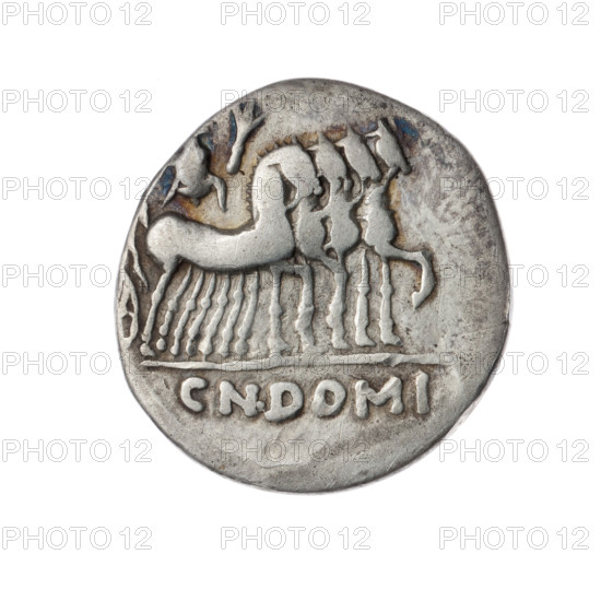 Denarius, Domitius Ahenobarbus, Cn. (fl. 118–96 BC), publisher (politician, consul). Obverse: Helmeted head of Roma right; inscription ROMA before, sign of value X behind; pearly border. Reverse: Jupiter on a quadriga right, holding a thunderbolt in left hand and a twig in right; inscription CN.DOMI under the line; pearly border. Twigs; helmets; horses; quadrigae; thunderbolt (attribute). 116–115 BC. Roman Republic. Coin. Diameter 20.0 mm, weight 3.78 g, axis 225°.