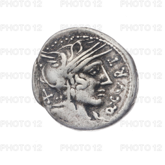 Denarius; Obverse: Helmeted head of Roma right; inscription Q.CVRT in front; sign of value X behind; pearl border. Reverse: Jupiter in a quadriga right, holding a scepter in his left hand and hurling a thunderbolt in his right; lituus above; inscription M.SI below; ROMA under the line; pearl border. Publishers: Curtius, Q. (fl. 116–115 BC); Silanus, M. (fl. 116–115 BC). Subjects/attributes: Jupiter, quadriga, thunderbolt, lituus, scepter, head of Roma, horses, helmets. Roman Republic, 116–115 BC. Coin; diameter 19.0 mm; weight 3.92 g; axis 45°.