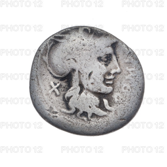 Denarius; issuer: Cn. Domitius Ahenobarbus (fl. 118–96 BC), publisher (politician, consul). Obverse: Head of Roma wearing a helmet facing right; inscription 'ROMA' in front; sign of value 'X' behind; pearled border. Reverse: Jupiter in a quadriga facing right, holding a twig in his right hand and a thunderbolt in his left; inscription 'CN.DOM' under the line; pearled border. Punchmarks. Date: 116–115 BC. Culture: Roman Republic. Medium: silver coin. Diameter: 20.2 mm; weight: 3.08 g; axis: 45°.