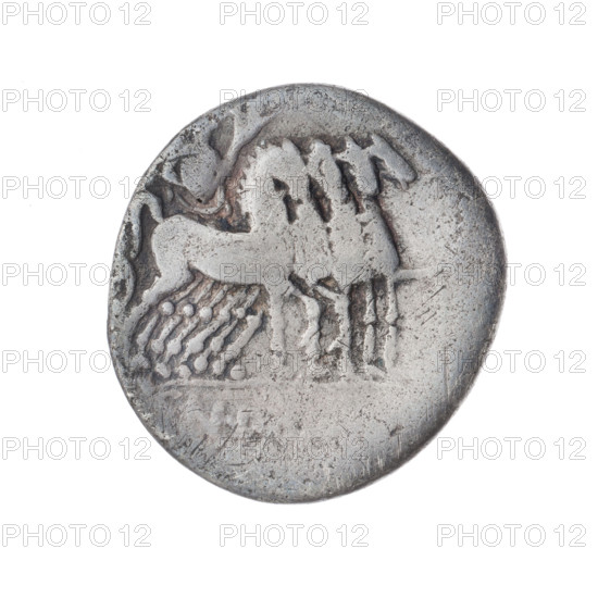 Denarius, Cn. Domitius Ahenobarbus (fl. 118–96 BC), publisher; 116–115 BC, Roman Republic. Silver coin, diameter 20.2 mm, weight 3.08 g, axis 45°. Obverse: Head of Roma in helmet right; ROMA before; sign of value X behind; pearl border. Reverse: Jupiter in quadriga right, holding thunderbolt in left and twig in right; CN.DOM under the line; pearl border. Subjects: Jupiter (mythology), Roma (mythology), quadriga, horses, helmets, thunderbolt, twigs, punches.