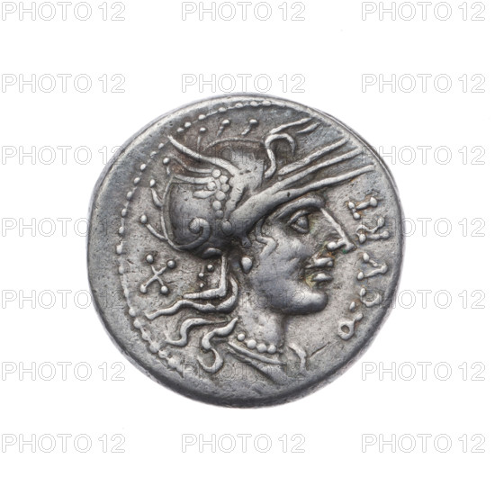 Denarius; obverse: helmeted head of Roma right, inscription Q.CVRT in front, sign of value X behind, pearl border. Reverse: Jupiter riding a quadriga right, holding scepter in left and hurling thunderbolt in right; lituus above; inscription M.SILA (LA in ligature) below; under the line inscription ROMA; pearl border. Attributed makers: Curtius, Q. (publisher, fl. 116–115 BC) and Silanus, M. (publisher, fl. 116–115 BC). Attributes: horses, quadrigae, helmets, thunderbolt, lituus, scepter. Date: 116–115 BC, Roman Republic. Material: coin; diameter 18.9 mm; weight 3.89 g; axis 45°.