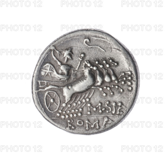 Denarius, 116–115 BC. Obverse: Helmeted head of Roma right; inscription 'Q.CVRT' in front; value mark 'X' behind; pearl border. Reverse: Jupiter in quadriga right, holding scepter in left hand and hurling thunderbolt in right; lituus above; inscription 'M.SILA' (LA in ligature) below; under the line 'ROMA'; pearl border. Makers/publishers: Q. Curtius and M. Silanus. Roman Republic; Rome. Coin; diameter 18.9 mm; weight 3.89 g; axis 45°.