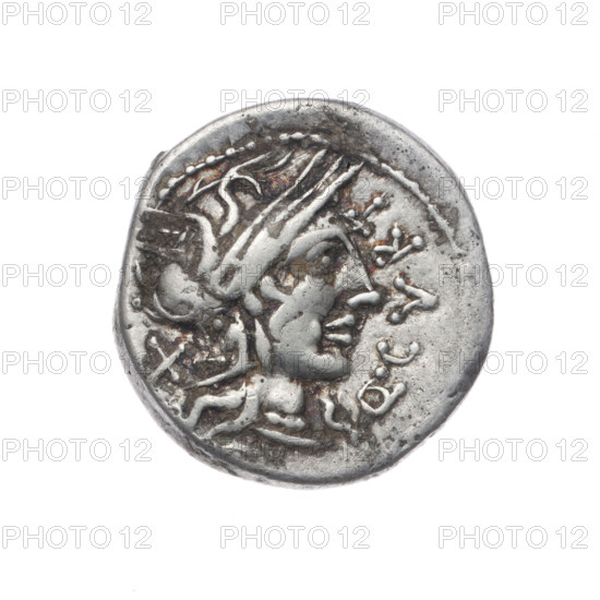 denarius, Curtius, Q. (fl. 116–115 BC), publisher; Silanus, M. (fl. 116–115 BC), publisher. Obv: Helmeted head of Roma right; in front the inscription Q.CVRT; behind the value sign X. Beaded border. Rev: Jupiter on a quadriga right, holding a scepter in left hand, hurling a thunderbolt in right; above lituus; below the inscription M.SILA (LA in ligature); under the line the inscription ROMA. Beaded border. 116–115 BC, Roman Republic (505–27 BC), Rome. Coin; silver denarius, diameter 18.4 mm, weight 3.85 g, axis 180°.