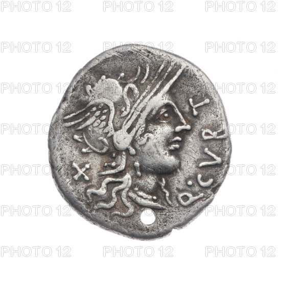 Denarius; publishers Q. Curtius and M. Silanus (fl. 116–115 BC). Obverse: Helmeted head of Roma right; inscription Q·CVRT in front; sign of value X behind; pearl border. Reverse: Jupiter on a quadriga right, holding a scepter in his left hand and hurling a thunderbolt in his right; lituus above; inscription M·SI below; under the line inscription ROMA; pearl border. 116–115 BC. Roman Republic. Rome. Coin. Diameter 19.0 mm; weight 3.78 g; axis 270°.