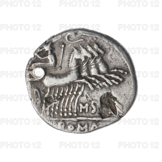 Denarius; obverse: helmeted head of Roma right, inscription Q.CVRT in front, sign of value X behind; pearl border. Reverse: Jupiter on a quadriga right, holding scepter in left and hurling thunderbolt in right; lituus above; inscription M.SI below; under the line inscription ROMA; pearl border. Makers/publishers: Q. Curtius and M. Silanus (fl. 116–115 BC). Subjects/attributes: Jupiter, quadriga, horses, helmets, thunderbolt, lituus, scepter, head of Roma. Date: 116–115 BC, Roman Republic. Medium: coin; diameter 19.0 mm; weight 3.78 g; axis 270°.