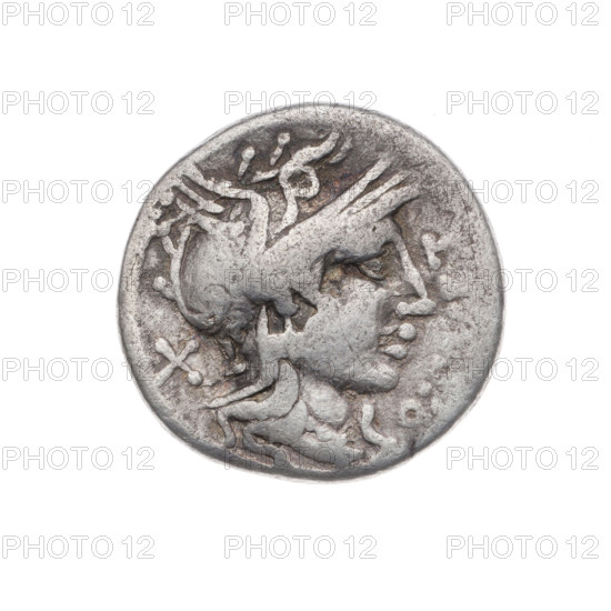 Denarius, Q. Curtius (publisher, fl. 116–115 BC) and M. Silanus (publisher, fl. 116–115 BC). Obverse: Helmeted head of Roma facing right; inscription Q., T before it; value mark X behind; pearl border. Reverse: Jupiter in a quadriga facing right, holding a scepter in his left hand and hurling a thunderbolt in his right; lituus above; inscription M. SI below; pearl border. 116–115 BC, Roman Republic. Rome. Coin; diameter 18.6 mm; weight 3.73 g; axis 90°.