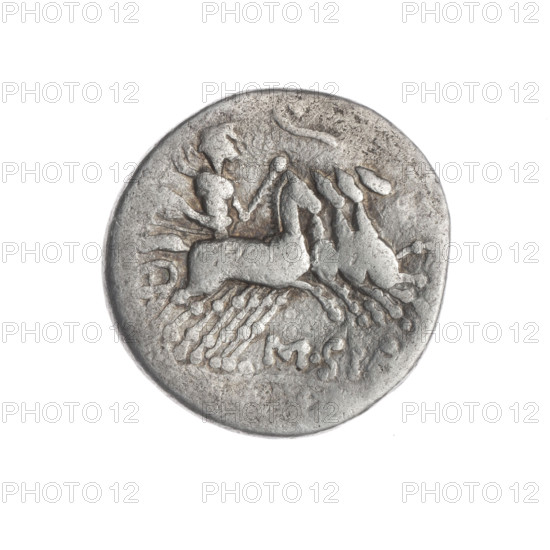 Denarius; Curtius, Q. (publisher, fl. 116–115 BC); Silanus, M. (publisher, fl. 116–115 BC). Obverse: Helmeted head of Roma right; inscription Q., T before it; sign of value X behind; pearl border. Reverse: Jupiter on a quadriga right, holding sceptre in left, hurling thunderbolt in right; lituus above; inscription M.SI below; pearl border. Iconography: Jupiter, quadriga, horses, helmets, Roma, lituus, thunderbolt, sceptre. Date: 116–115 BC. Culture: Roman Republic. Medium: coin. Diameter 18.6 mm; weight 3.73 g; axis 90°.